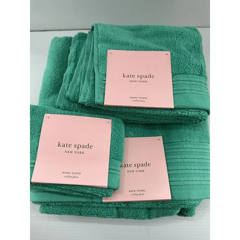 Kate Spade NY Green Fer Scallop Pleat Piece Soft Towel Set Bath, Wash, And Hand